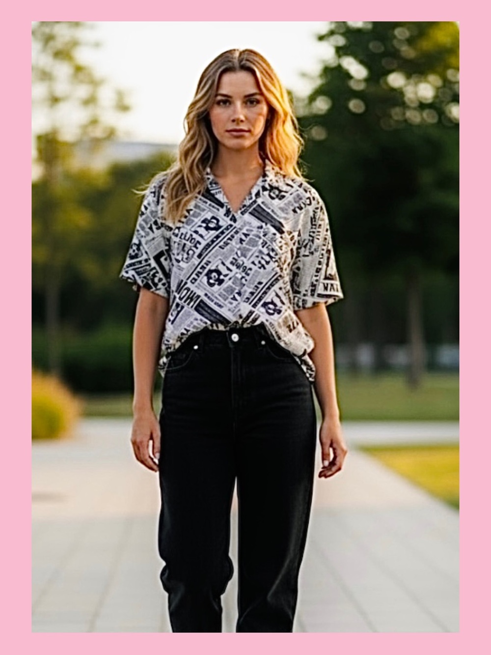 No Boundaries Black & White Newspaper Print Button-Down Shirt